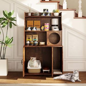 Enclos moderne pour litière de chat en bois avec étagères de rangement - Product Image 5