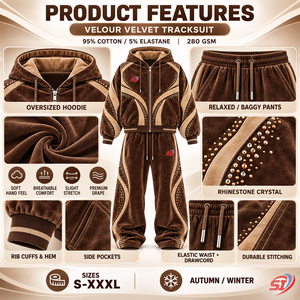Ensemble de survêtement personnalisé en velours 280 GSM avec strass, sweat à capuche et pantalon, couleur Mocha Désert, Monogramme, Mode Velours Lounge - Product Image 5