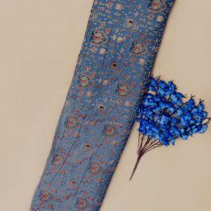 Tissu Jacquard Naturel Premium Dola Motifs Floraux Éléphant Royal Paon Bleu Denim Poussiéreux Respirant Robe de Mariée Fille - Product Image 3