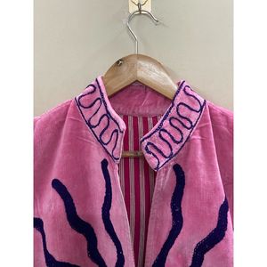 Hand Embroidered <b>Velvet</b> Cotton Jacket <b>Women</b> Mandarin Collar Full Sleeve Winter Bohemian Eye Pattern Open Front <b>Coat</b> - Product Image 2