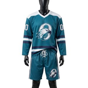 Ensemble short et maillot de hockey sur glace sublimé pour homme, couleur turquoise, en polyester, col en V, imprimé, uniforme sportif athlétique, vêtements d'équipe - Product Image 1