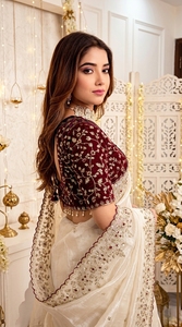 AARA Fashion Elegant Cream Silk Saree Maroon Blouse Traditional Indian Wedding Wear Floor-Length Regular Fit Women's <b>Sari</b> Sun - Product Image 3