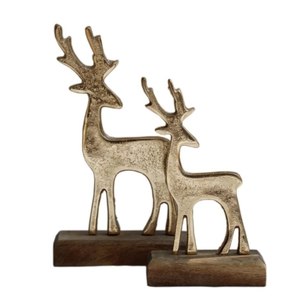 Escultura Navideña de Reno de Aluminio Dorado de Lujo con Base de Madera, Figura de Ciervo Metálica Hecha a Mano para Centro de Mesa - Product Image 1
