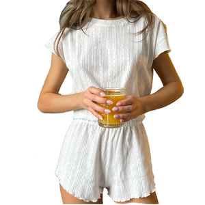 Combinaison courte en tricot blanc pour femmes, col rond, vêtements de nuit d'été, combinaison de détente, shorts - Product Image 1