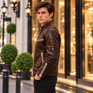 <b>Mens</b> Dark <b>Brown</b> for Embossed Genuine <b>Leather</b> Breathable Winter Biker Motorcycle <b>Jacket</b> Luxury Custom OEM Wholesale - Product Image 2
