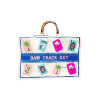 Tas Tote Kanvas Bordir Buatan Tangan Bam Dot Crak Dengan Desain Ubin Mahjong Pegangan Bambu Tas Belanja Wanita Modis