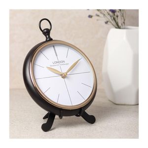 Horloge de bureau circulaire en métal noir, design Art Déco, mouvement à aiguilles, affichage à trois aiguilles, support à trois pieds, fonction de retournement de page radio - Product Image 3