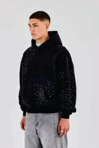 2026 Streetwear Sweat à capuche pour homme personnalisé en molleton French Terry, entièrement imprimé, orné de strass, coupe carrée courte, avec fermeture éclair intégrale et capuche intégrale - Product Image 5