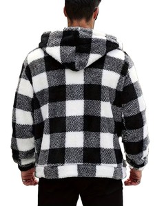 <b>Mens</b> <b>Black</b> Plaid Fluffy Hooded <b>Jacket</b> Sherpa <b>Fleece</b> Checkered Button Up Warm Oversized Plush Hoodie Streetwear Winter Coat - Product Image 3