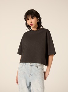 T-shirt court noir minimaliste pour femme, manches courtes, col rond, décontracté, en coton, coupe ample, streetwear, haut d'été quotidien - Product Image 5