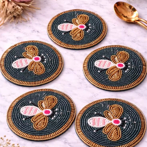 Bee Beaded Coaster Set Handmade Round <b>Table</b> <b>Mat</b> Cute Insect Design Drink Coasters - Product Image 1