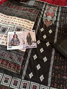 Juego de Shalwar Kameez en blanco y negro con bordado automático de césped de lujo con parte inferior semicésped y Dupatta de gasa - Product Image 3