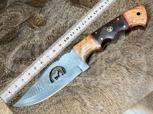 Cuchillo de caza OEM Wirecut de acero de Damasco, cuchillo Skinner con mango de madera, hoja fija para camping, cuchillo EDC para exteriores con funda de cuero - Product Image 3