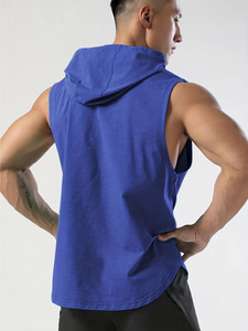 Camiseta sin mangas con capucha para hombre, 100% algodón, cuello en V, con bolsillos, de secado rápido, ecológica, azul sólido, deportiva, estilo musculoso - Product Image 3