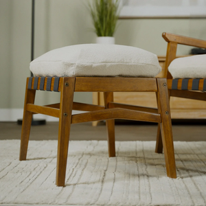 Midcentury Modern Wood <b>Armchair</b> With Cream Cotton Upholstery Outdoor <b>Dining</b> Chair - Product Image 3