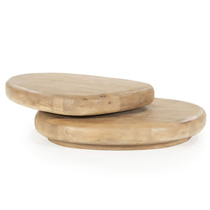 Table basse de salon moderne en bois de manguier massif, forme organique, rotation à 360 degrés, fabrication artisanale, finition naturelle et brune - Product Image 1