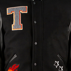 Streetwear Oversized Varsity <b>Jacket</b> Black Color Leather Sleeve Embroidered Logo Letterman <b>Baseball</b> <b>Men</b> Varsity <b>Jacket</b> - Product Image 5