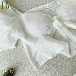 White Solid Woven Lace Trim Tie Neck Puff Sleeve Denim Korean Bubble Hem Summer <b>Office</b> Casual Crop Top Mini <b>Skirt</b> Set In-Stock - Product Image 5