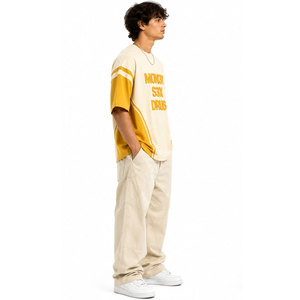 <b>Men's</b> Oversized Short Sleeve T-<b>Shirt</b> Cream Yellow Contrast Trim O-Neck Street Style Printed Letter Design Jersey Fabric - Product Image 6