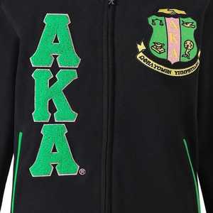 Veste universitaire AKA en molleton noir unisexe avec broderie en chenille verte, style Varsity à lettres grecques, en coton premium, zippée, streetwear - Product Image 6