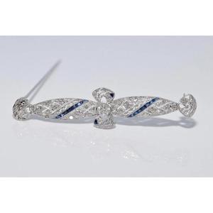 Broche Art Déco antique en argent 925 avec diamants de laboratoire et saphirs, broche en argent 925 sertie de moissanite pour femmes et hommes - Product Image 1