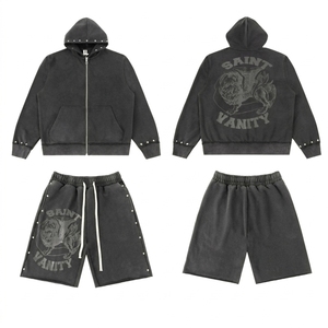 High Quality Rivet Mens 2 Piece Set American Acid Washed Streetwear 100% Cotton Knitted Shorts Pants Saint Vanity Hoodies - Product Image 4