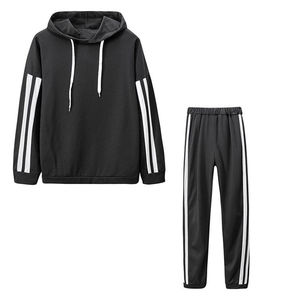 Unisex Black Hooded Tracksuit Set Full Length Striped Casual Autumn Sweatshirt With Drawstring <b>Pants</b> Side Pockets - Product Image 1