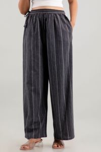 Pantalon Palazzo Premium en Coton Khadi Teint Fil à Fil pour Femme, Rayures Noires et Blanches, Coupe Ample, Taille Élastique, Décontracté, Été - Product Image 5
