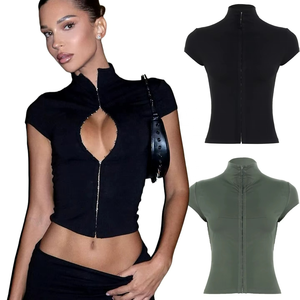 Haut à col roulé pour femme, à fermeture à crochets, très extensible, coupe ajustée, manches courtes, couleur unie, tricoté, respirant, écologique, idéal pour l'été - Product Image 6