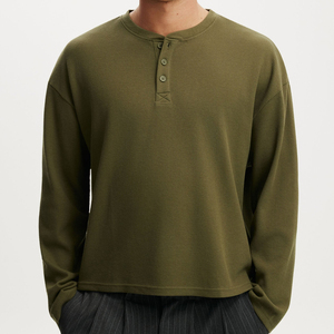 <b>Men's</b> Olive Green <b>Henley</b> <b>Long</b> <b>Sleeve</b> Knitted T-Shirt Regular Fit Button Up Collar Casual Autumn Wear - Product Image 1