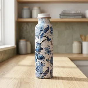 Bouteille d'eau artisanale en cuivre pur, motif paon, finition dorée, bouteille à boire traditionnelle indienne, cuivre décoratif - Product Image 6