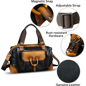 Leather Duffle <b>Bag</b> Weekender Genuine Cowhide Goatskin 15inch Water Resistant <b>Large</b> Capacity Travel <b>Holdall</b> Carry on Luggage - Product Image 5