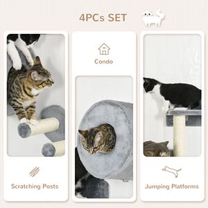 Set di 4 Pezzi Classico per Gatti in Legno Massello Grigio per Arrampicarsi, Riposare e Giocare - Product Image 5