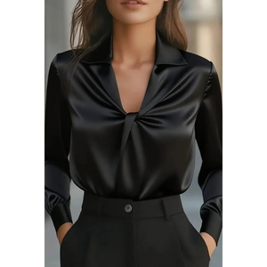 Blusa Elegante de Satén de Seda con Cuello en V y Drapeado, Top de Satén Azul Hielo de Manga Larga con Escote Cruzado, Camisa Profesional de Satén Brillante con Detalle Frontal Cruzado - Product Image 3