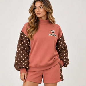 Women's Coral Polka Sleeve Mock Neck 2-Piece <b>Shorts</b> <b>Set</b> Custom Casual Sportswear - Product Image 3