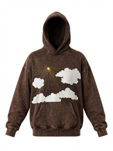 เสื้อฮู้ดดี้สีน้ำตาลวินเทจสไตล์ย้อนยุคสำหรับผู้ชาย ทรงโอเวอร์ไซส์ ลายกราฟิกพระอาทิตย์และเมฆ ผ้าฟลีซหนานุ่ม ขายส่งแบบกำหนดเองได้ - Product Image 1
