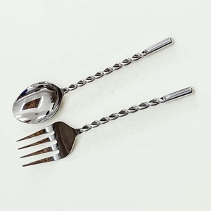 New Custom logo Design Stainless steel silver <b>spoon</b> <b>fork</b> <b>set</b> with Round half hammered design handle modern salad server <b>Set</b> - Product Image 4