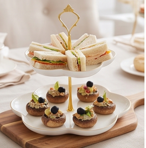 Premium Flower Shape Ceramic <b>Cake</b> Stand 2 Tier White With Gold Trim Handmade For Wedding Restaurant Home Events And <b>Gifts</b> - Product Image 6