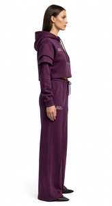 ONETEN APPAREL Women's Maroon Hooded <b>Cropped</b> Sweatshirt Wide Leg <b>Joggers</b> Set Full Sleeve Casual Loose Fit Split Hem Sporty - Product Image 2