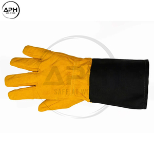 Gants de travail en cuir noir et jaune pour soudeurs, à doigts entiers, avec manchette longue, renforts sur la paume et coutures robustes, taille et couleur personnalisables - Product Image 2