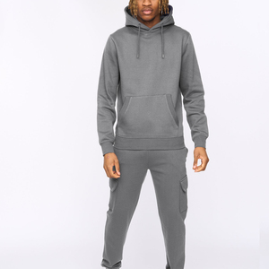 Men's Gray Hooded Fleece Tracksuit Full Length Solid Color Casual Sweatshirt <b>Pants</b> Set Breathable Lightweight Winter Wear - Product Image 1