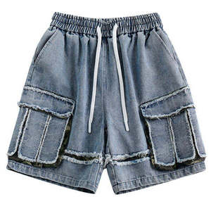 Shorts cargo bleus pour hommes, taille élastique, cordon de serrage, ourlet déchiré, style décontracté, longueur mi-longue, tissu en toile - Product Image 1
