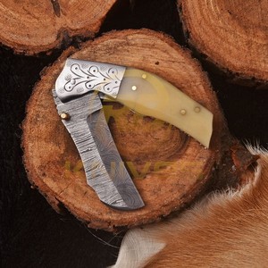 OEM Custom Handmade Damascus Steel Folding Hunting <b>Knife</b> with Natural <b>Bone</b> <b>Handle</b> Leather Sheath Outdoor Camping EDC <b>Knife</b> - Product Image 2