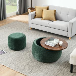 Pouf Contenitore Rotondo 2 in 1 Verde (63,5x63,5x37,3 cm) che Funziona come Tavolino d'Appoggio e Piccolo Sgabello/Pouf - Product Image 2