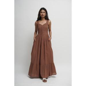 Elegant Brown A-Line Maxi <b>Dress</b> V-neck Spaghetti Straps <b>Ruffles</b> 100% Cotton Natural Waist Belt Summer Evening Gown Women - Product Image 1