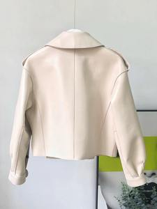 Women's Sheep Skin Leather <b>Jacket</b> (3 Colors) <b>Biker</b> <b>Jacket</b> with Zip Pockets Waterproof Vintage Regular Coat for Winter - Product Image 2