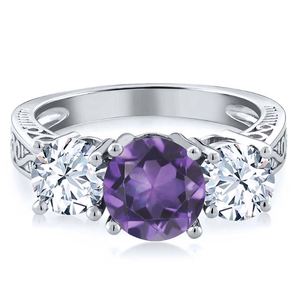 Anillo de Compromiso de Lujo para Mujer con 3 Piedras de Amatista, Plata de Ley 925 con Baño de Rodio - Elegante Anillo de Promesa con Gema Engastada en Puntas - Product Image 2