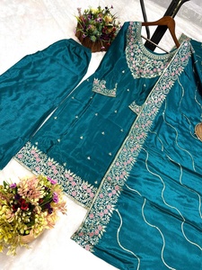 เคอร์ติยาว3ชิ้นพร้อมด้วยพลาโซและ dupatta kurti ผ้าชินอนไหมแท้งานปักสวยงามลำดับด้ายทำงานทั้งสองด้าน - Product Image 4