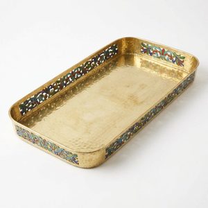 Bandeja de Servir de Latón Hecha a Mano de 55 cm, Estilo Art Deco, con Patrón de Plantas Esmaltadas en Cinco Colores, para Uso en el Hogar y Hoteles - Product Image 3