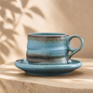Taza de Cerámica Hecha a Mano con Bandeja, Estilo Wabi Sabi, Azul Mate, Ideal para el Té de la Tarde - Product Image 1
